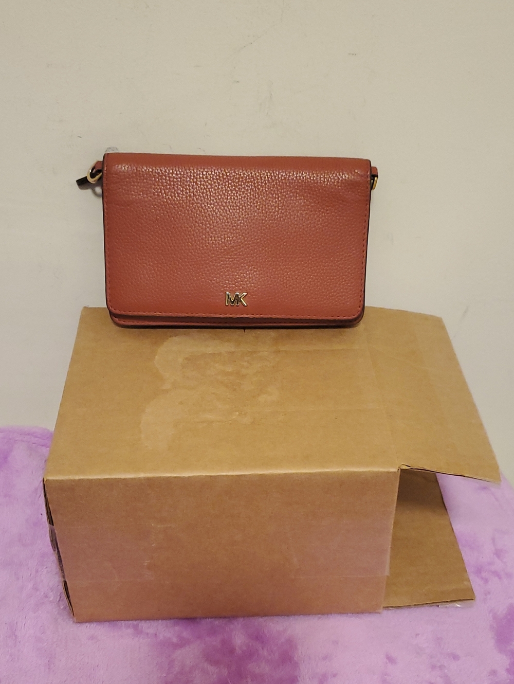 Michael Kors Pebbled Leather Crossbody in Rust Brown with Gold Hardware